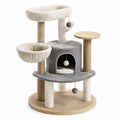 Árbol para gatos de felpa gris y beige con plataformas y caseta