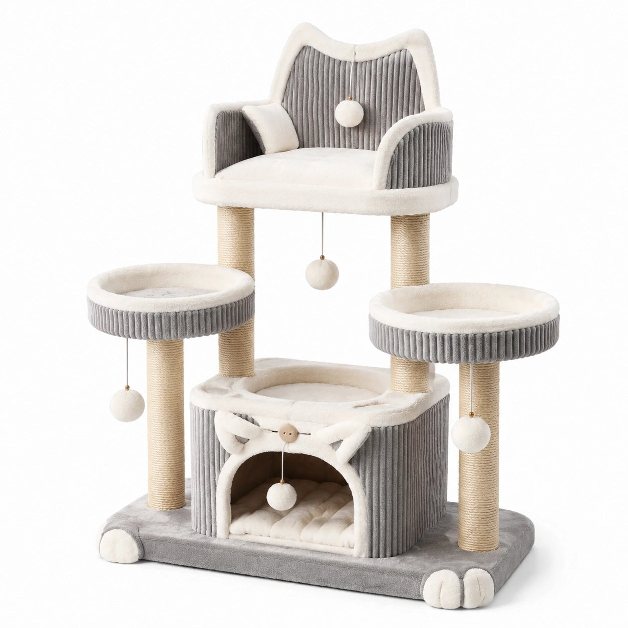 Árbol para gatos de madera comprimida con plataformas y cueva en gris y beige