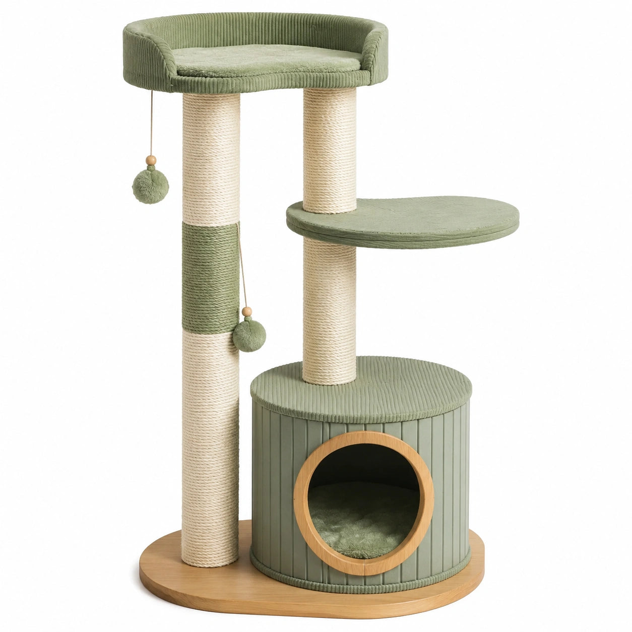 Árbol para gatos de madera, felpa verde y postes de sisal con cueva
