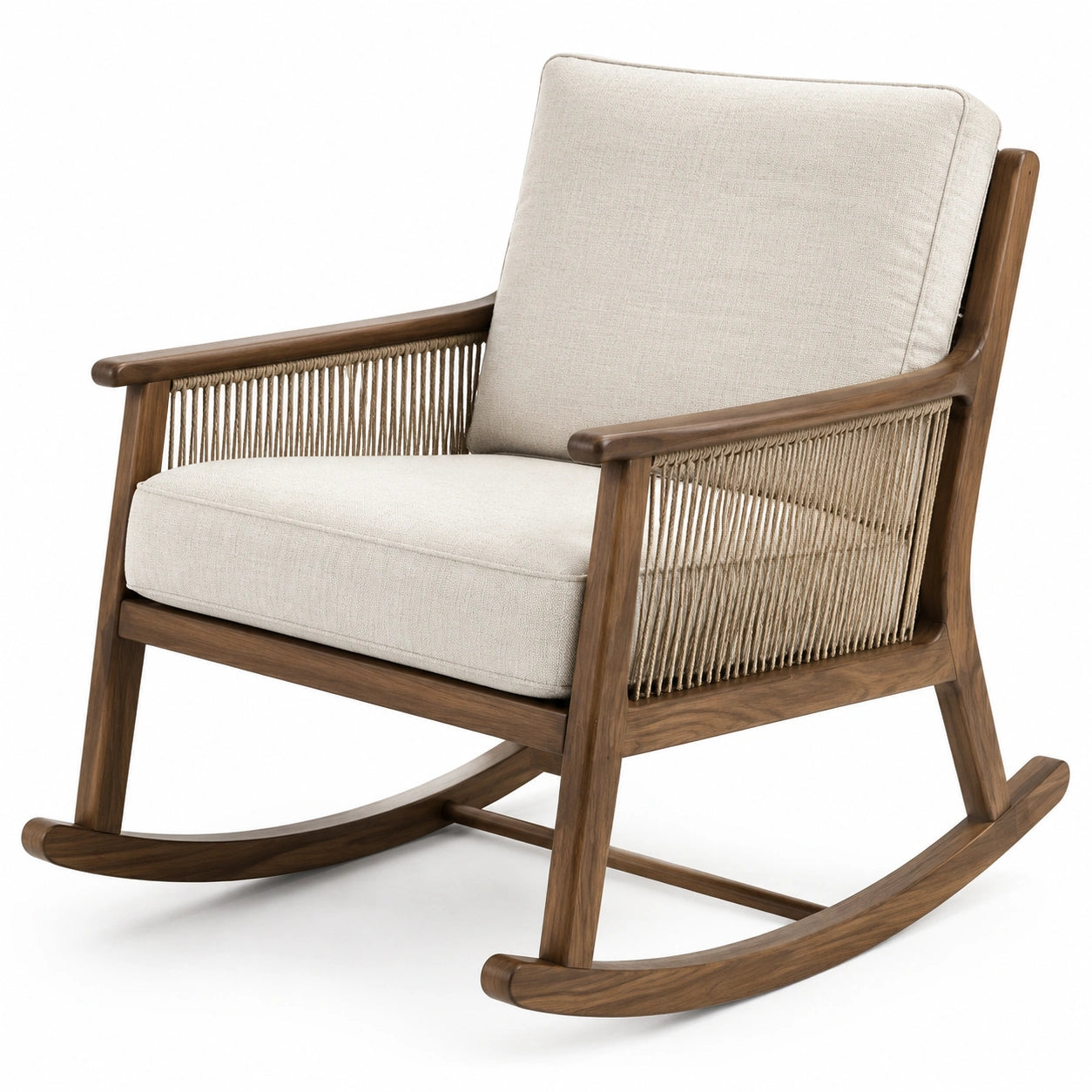 Mecedora de madera de nogal y cojines de poliéster beige