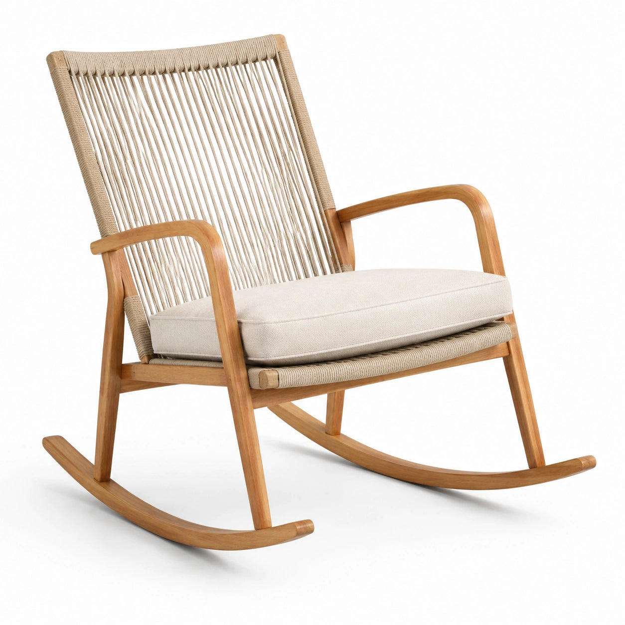 Mecedora de madera de teca con cuerda de poliéster y cojín beige