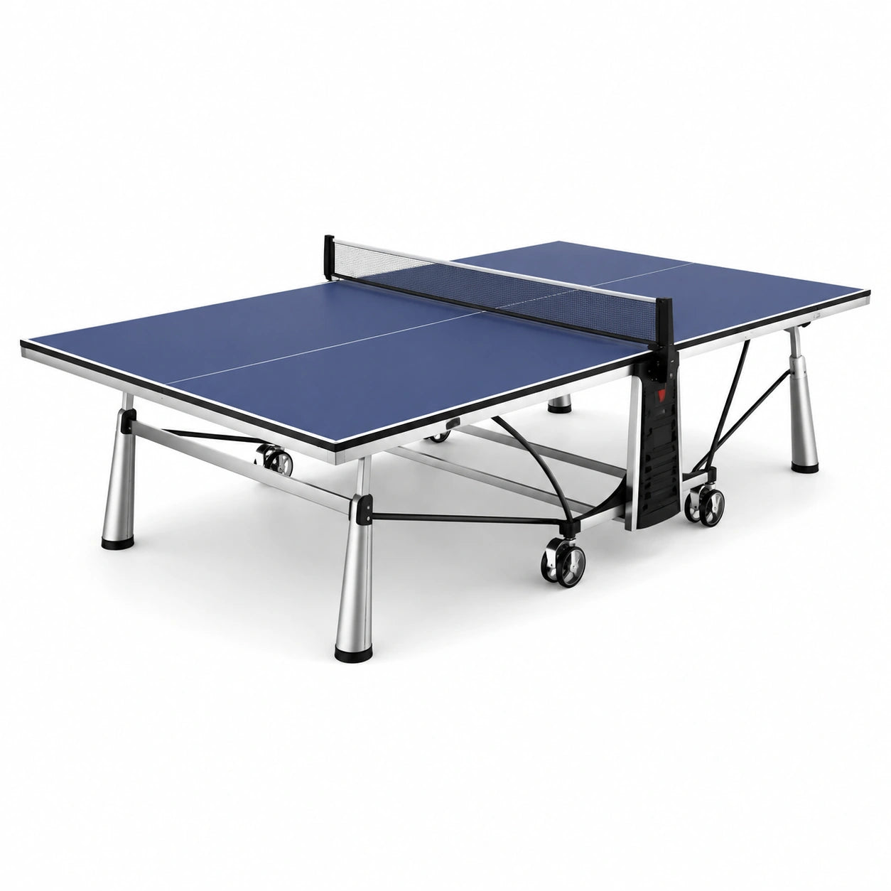 Mesa de ping-pong plegable azul MDF y acero con ruedas