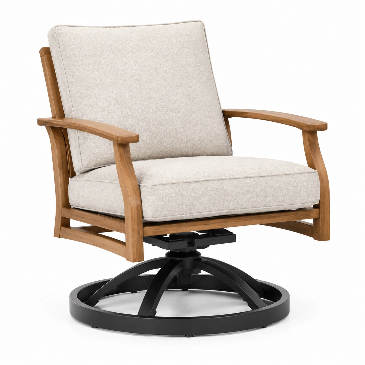 Silla giratoria de madera de teca con cojines de poliéster crema