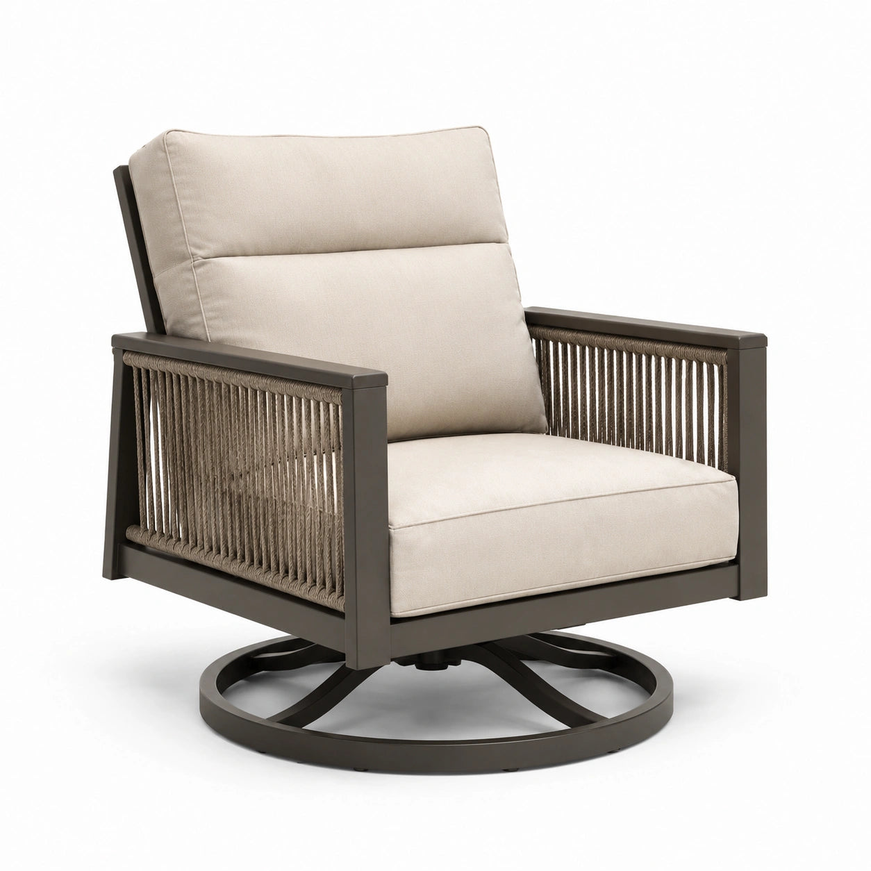 Silla giratoria de aluminio y cuerda con cojines de poliéster beige