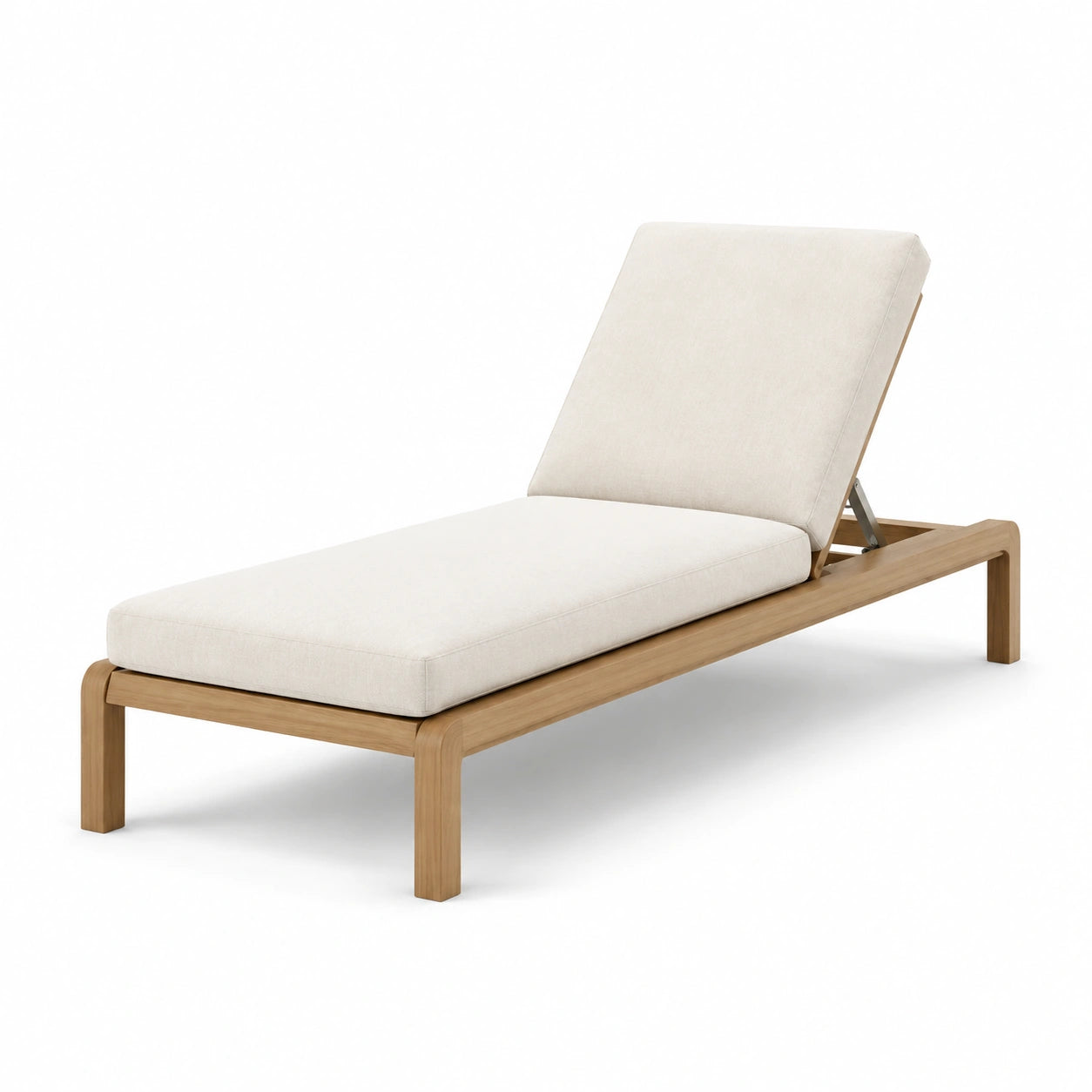 Tumbona de madera de teca con cojín beige y respaldo ajustable
