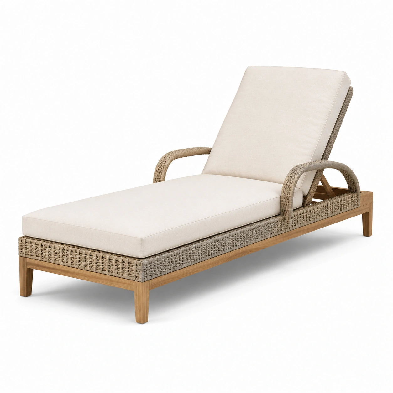 Tumbona de madera y ratán sintético con cojines beige