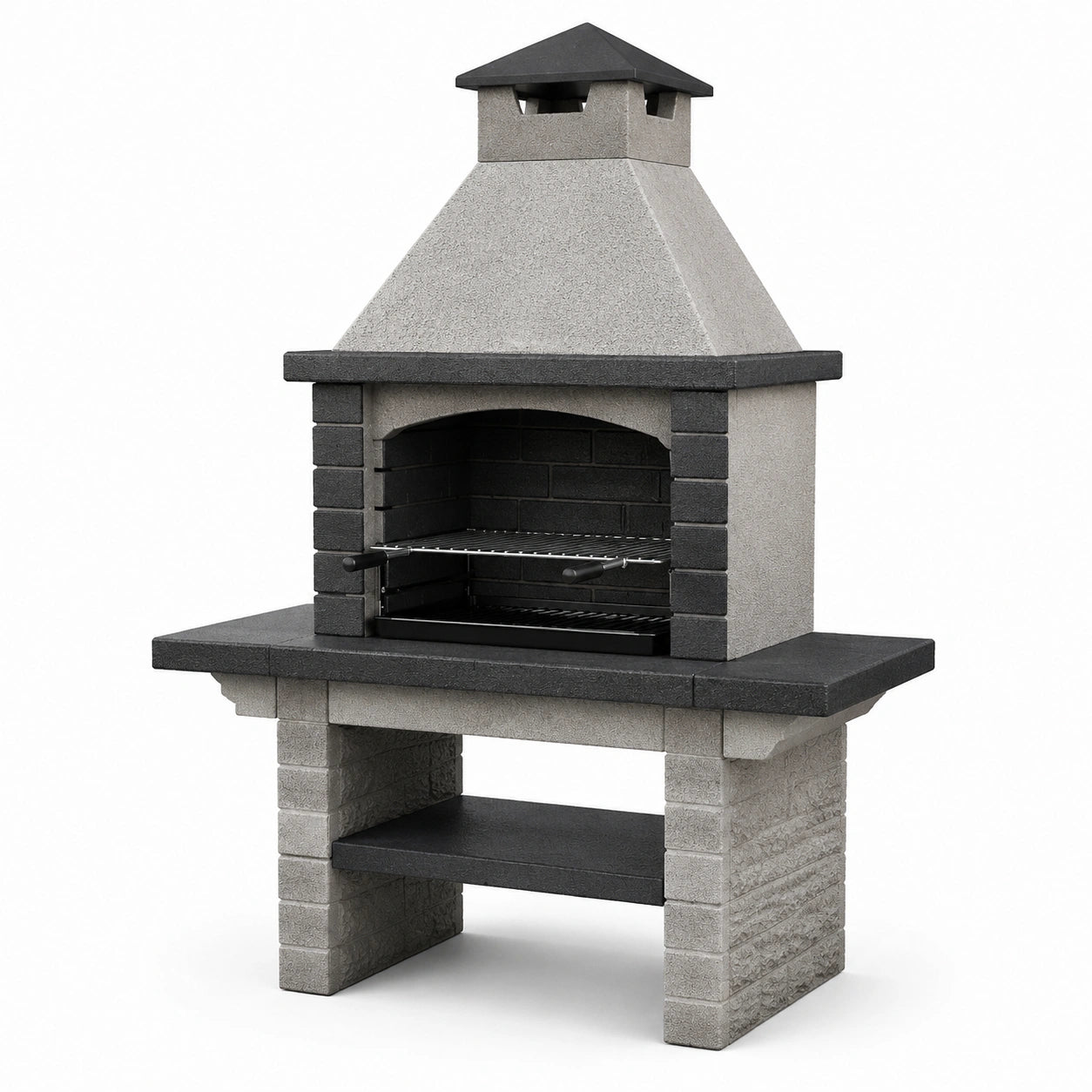 Barbacoa de hormigón refractario gris y negra con chimenea