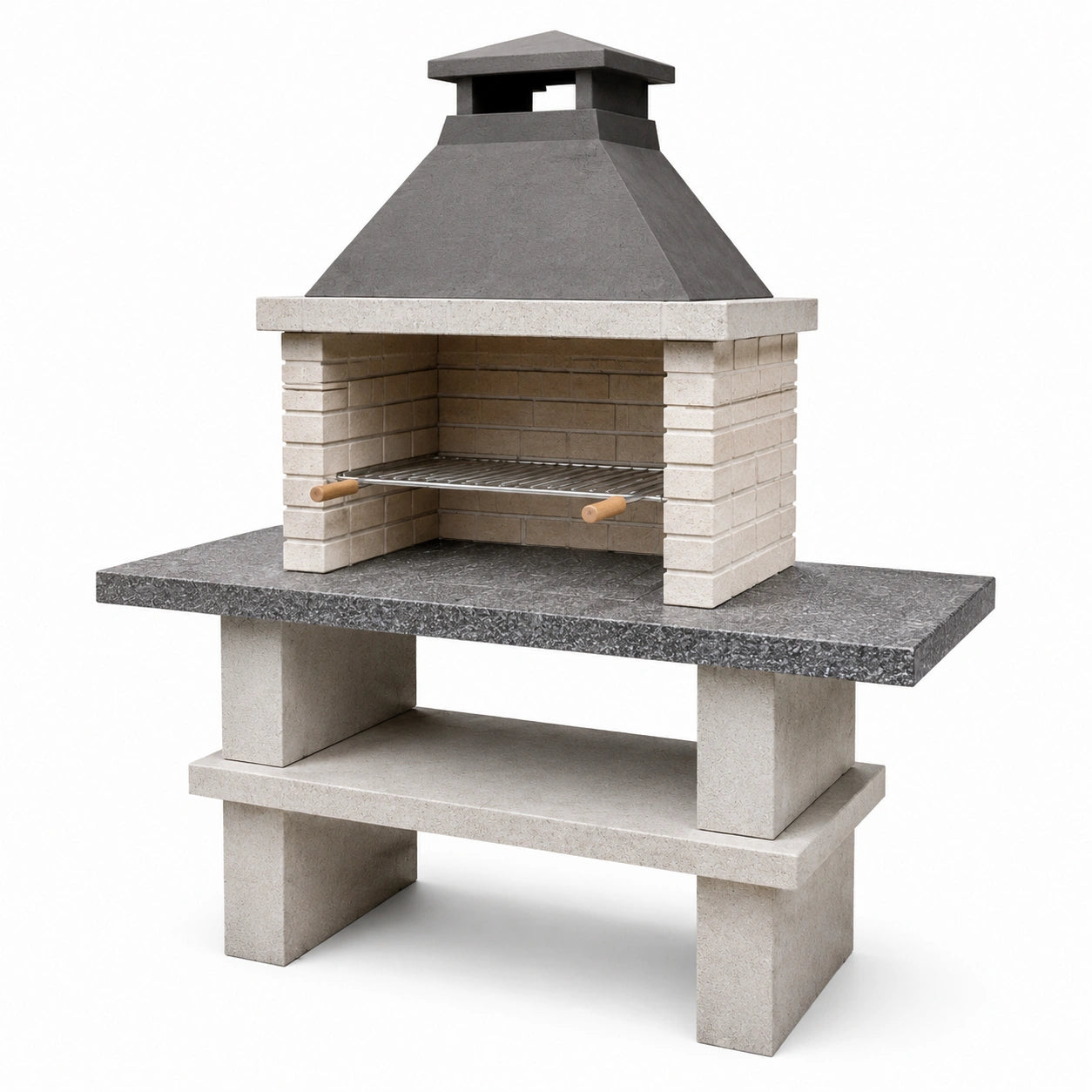 Barbacoa de ladrillo refractario y acero inoxidable con chimenea gris oscuro y beige 100x60x150 cm