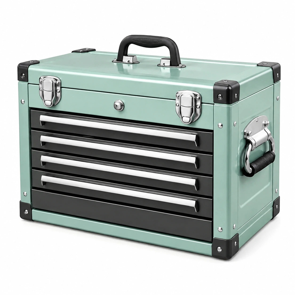 Caja de herramientas de acero y plástico con 4 cajones y asa, 52 cm x 22 cm x 35 cm, verde/negro