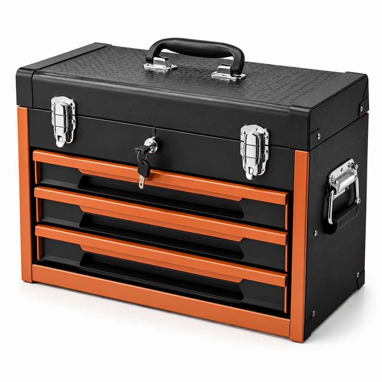 Caja de herramientas de acero con 4 cajones negro y naranja