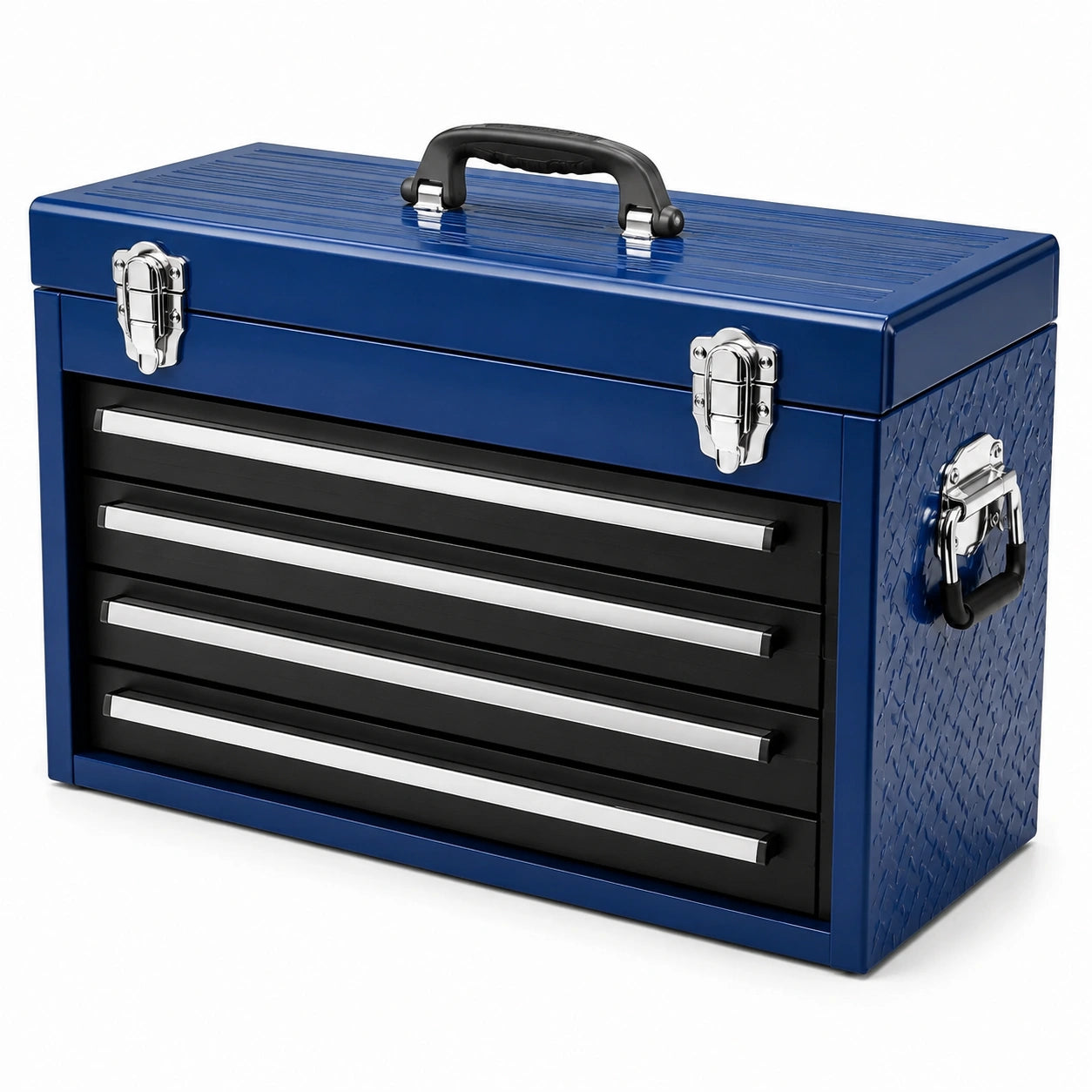 Caja de herramientas de metal azul con 4 cajones