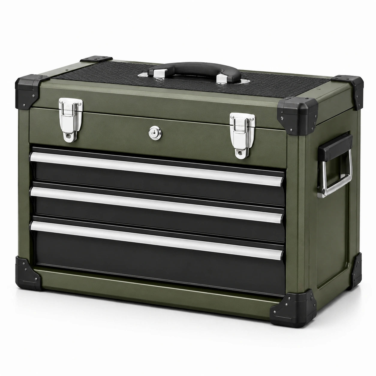 Caja de herramientas de metal con 3 cajones verde y negro 51x22x30 cm