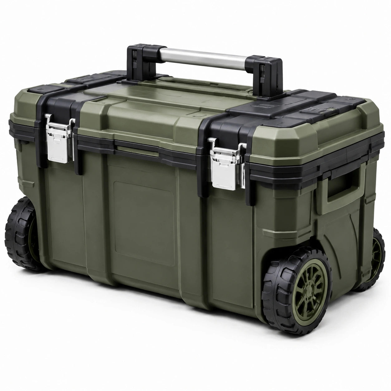 Caja de herramientas de plástico con ruedas y asa de metal 60x35x40 cm verde y negro