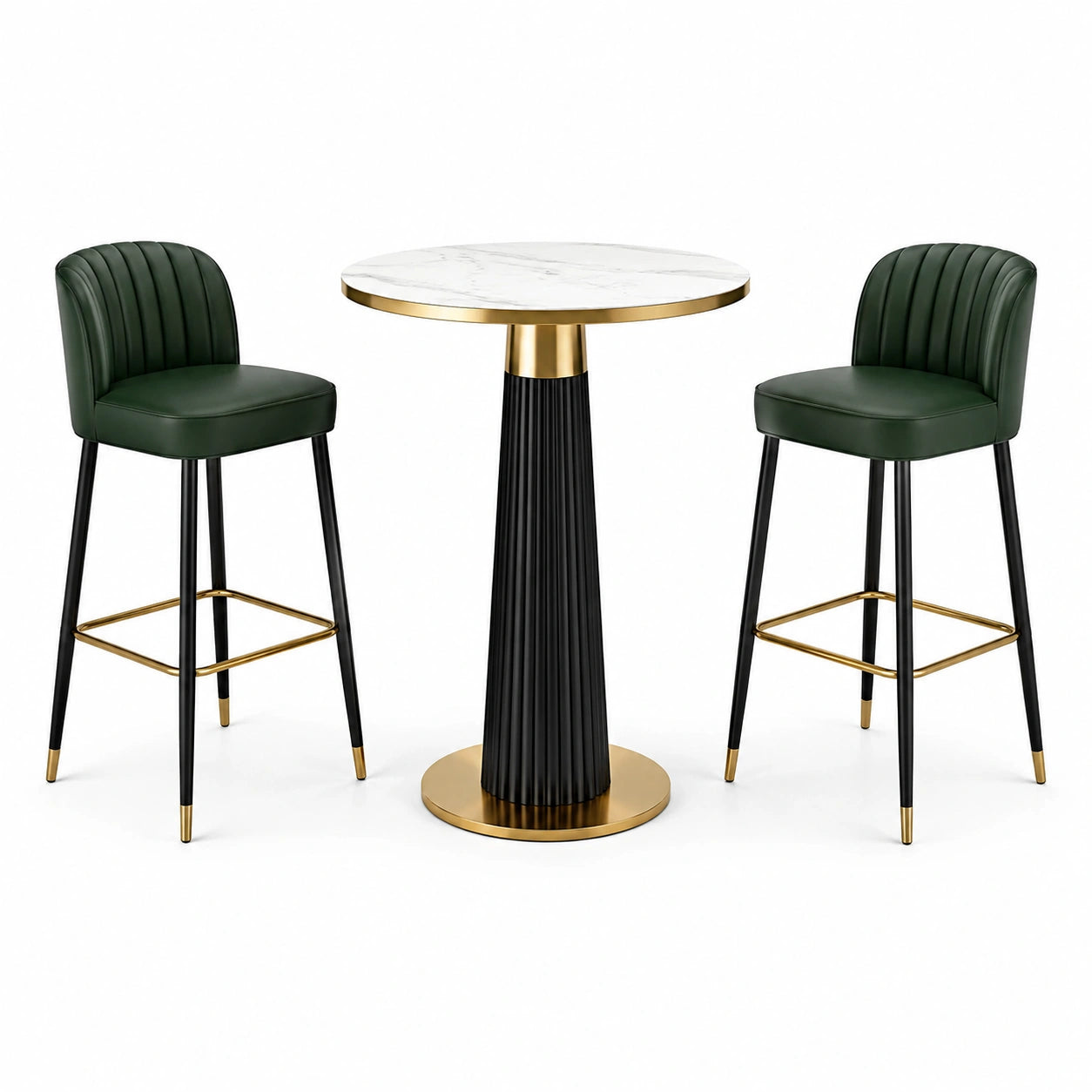 Conjunto de bar con mesa de mármol y sillas de cuero sintético verde