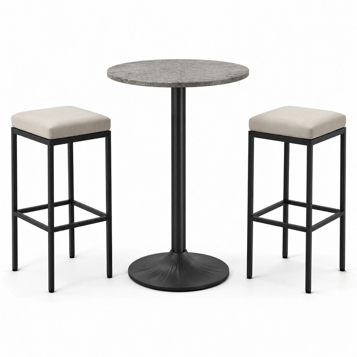 Conjunto de bar con mesa redonda de mármol y taburetes de metal negro